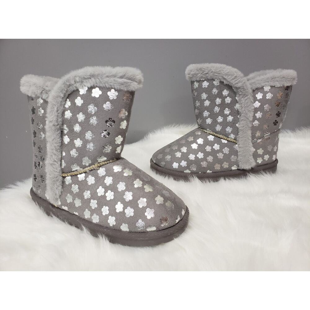 NEW Sz 4 Girls Flower Silver Gray Metallic Flower Faux-Fur Slipper Winter Boot
